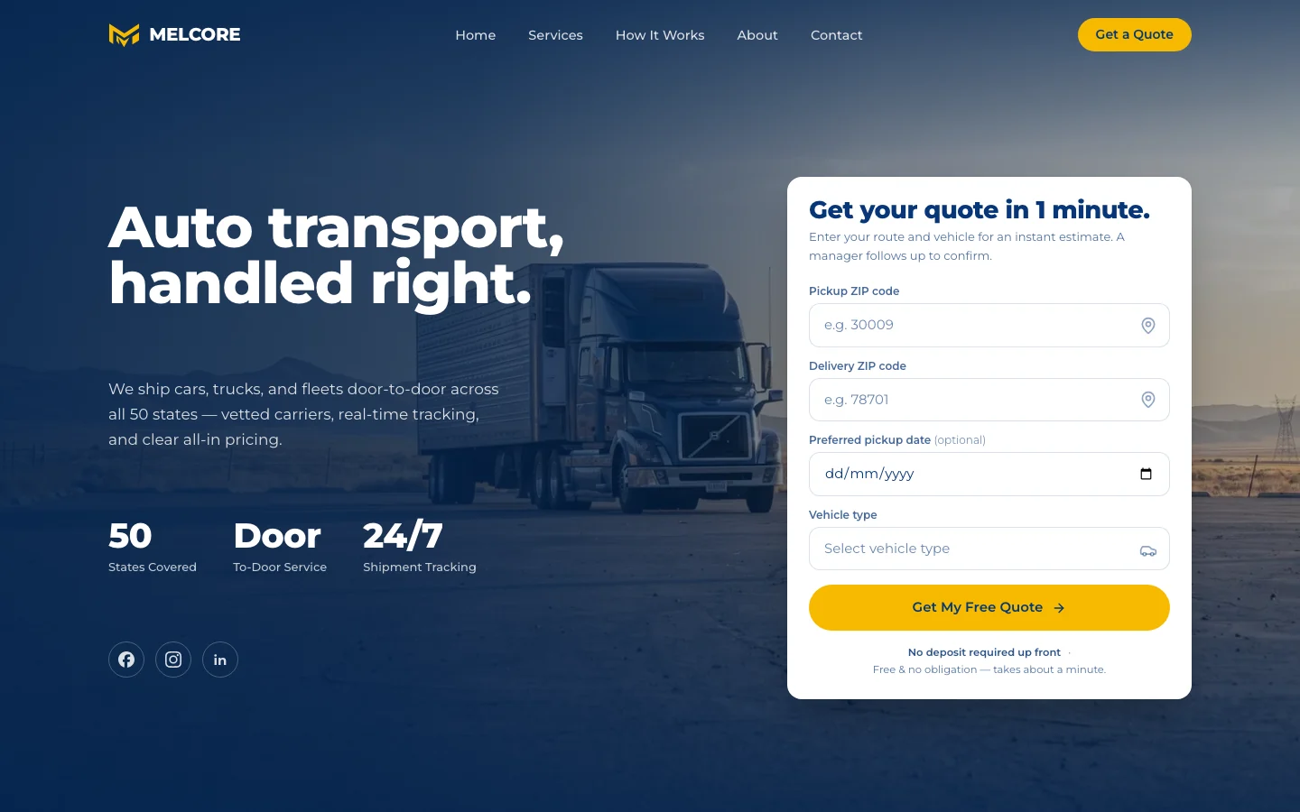 Melcore Auto Transport website screenshot